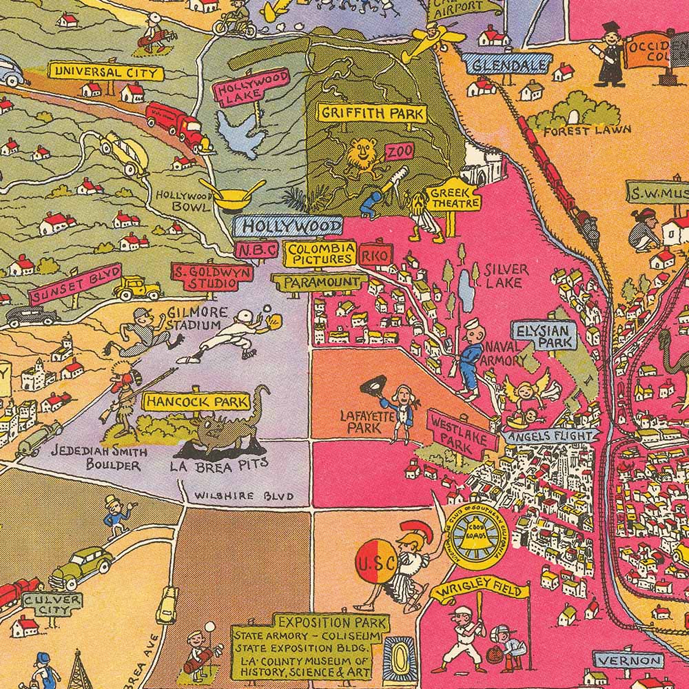 Old Pictorial Map of Los Angeles by Mora, 1942: Hollywood, Pasadena, Santa Monica, Griffith Park, Harbor