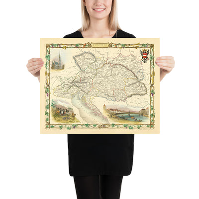 Old Map of Austria by Tallis, 1851: Vienna, Alps, Danube River, Salzburg, Prague