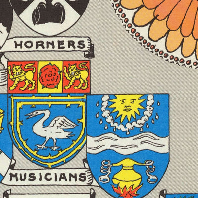 Old Pictorial Map of London by Bullock, 1965: Coats of Arms, Landmarks, Westminster, City