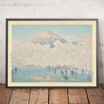 A framed image of Mt Fuji Morning at Hirano Lake Yamanaka by Hasui Kawase 1935