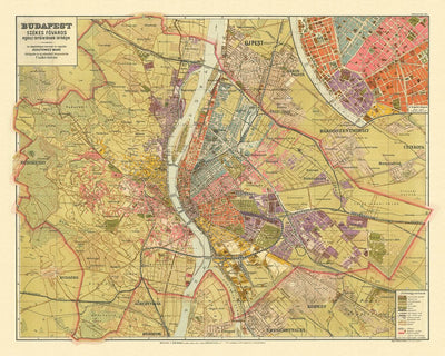 Ancienne carte de Budapest par Kogutowicz, 1907 : Andrássy út, Erzsébet körút, Danube, chemins de fer, parcs