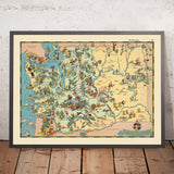 Mapa pictórico del estado de Washington de Ruth Taylor White, 1935: Seattle, monte Rainier, río Columbia, montañas Olympic, presa Grand Coulee 