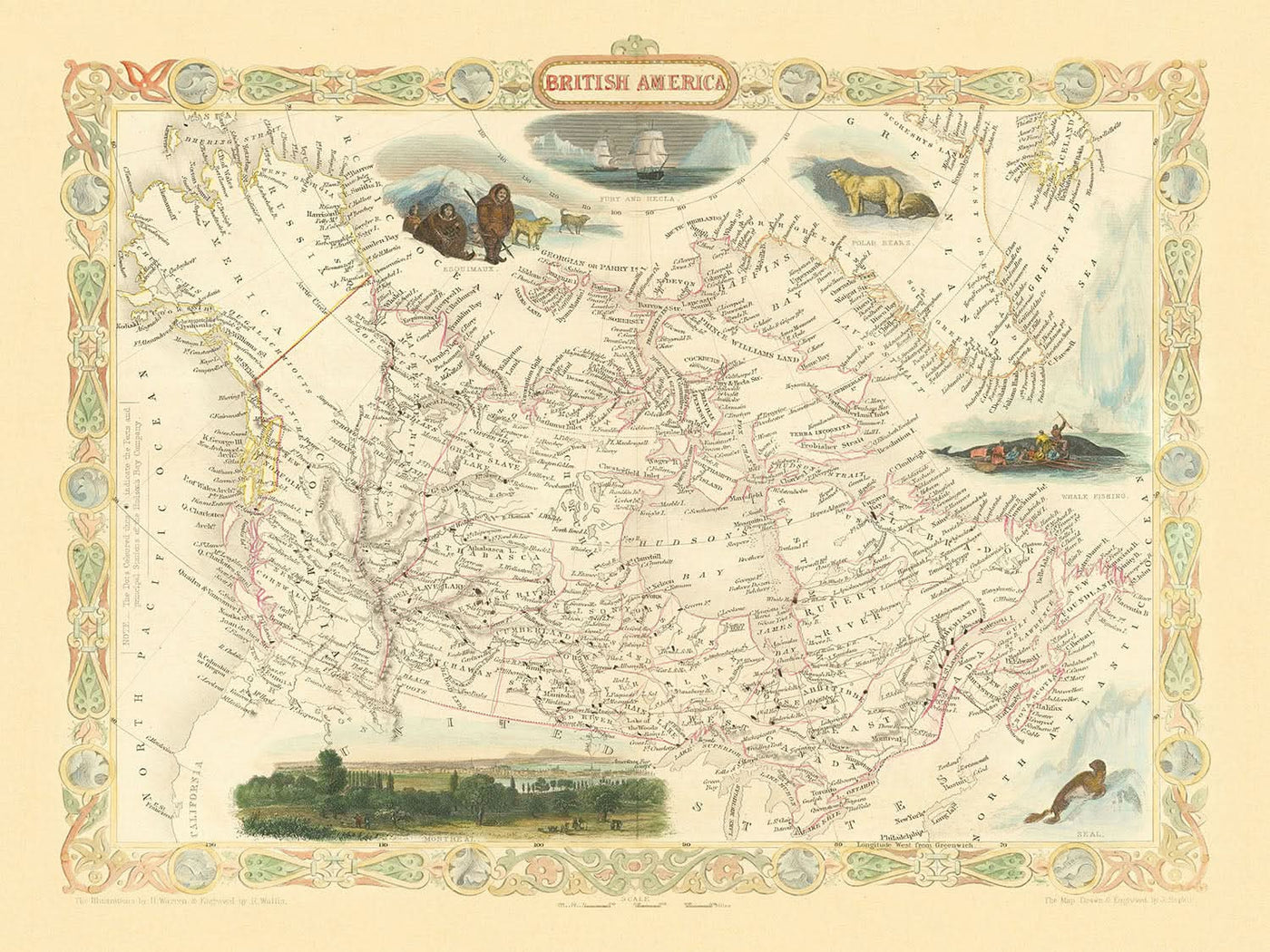 Mapa antiguo de Canadá de Tallis, 1851: Montreal, condado de la bahía de Hudson, estrecho de Fury y Hecla, viñetas, decoración