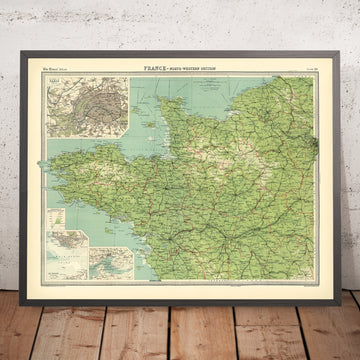 Mappa antica della Francia nord-occidentale di Bartholomew, 1922: Parigi, Nantes, Bretagna, Normandia, Senna, Rotte marittime 