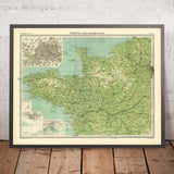 Mapa antiguo del noroeste de Francia de Bartholomew, 1922: París, Nantes, Bretaña, Normandía, Sena, rutas marítimas 