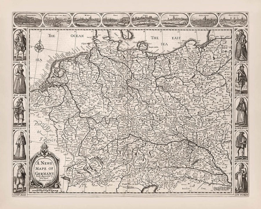 Vecchia mappa monocromatica della Germania di Speed, 1626: Berlino, Amburgo, Monaco, Mare del Nord, Mare Baltico 