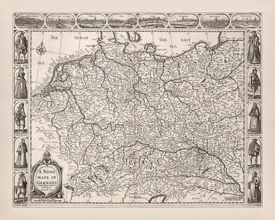 Mapa antiguo de Alemania de Speed, 1626: Berlín, Hamburgo, Múnich, Mar del Norte, Mar Báltico