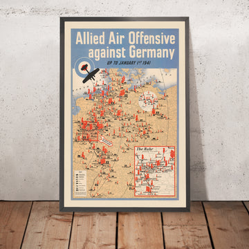 Old WWII Military Map of Allied Air Offensive Against Germany, 1941: Berlin, Hamburg, Munich, Rhine & Elbe, Ruhr inset
