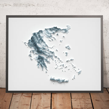 A framed image of a 3D style topographic relief map ofGreece