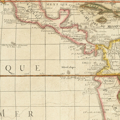 Large Old French Map of the Americas by Bailleul, 1752: Illustrated Exploration & Colonialism, French & Spanish Claims