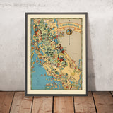 Carte picturale de la Californie par Ruth Taylor White, 1935 : Los Angeles, San Francisco, Yosemite, Sierra Nevada, Hollywood 