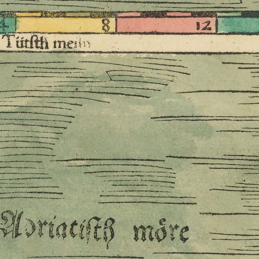 Antica mappa rara di Croazia e Slovenia di Münster, 1552: fiume Drava, costa adriatica, Zara, confini ottomani, montagne 
