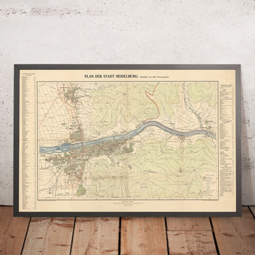 Plano antiguo de la ciudad de Heidelberg de Rübsamen, 1907: Castillo, río Neckar, Neuenheim, Bergheim, Philosophenweg