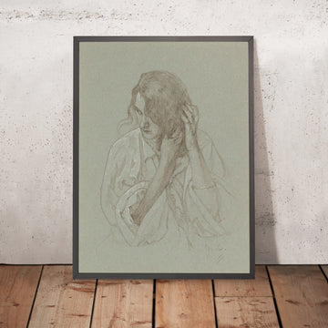 A framed image of Portrait of a Girl with Hands in Her Hair by Alphonse Mucha, 1860
