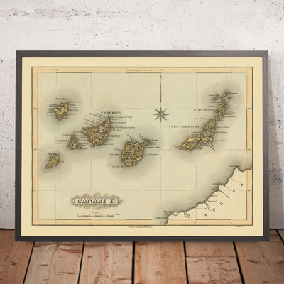 Mapa antiguo y raro de las Islas Canarias de Lucas, 1823: Tenerife, Gran Canaria, Rosa de los Vientos, Montañas, Atlántico