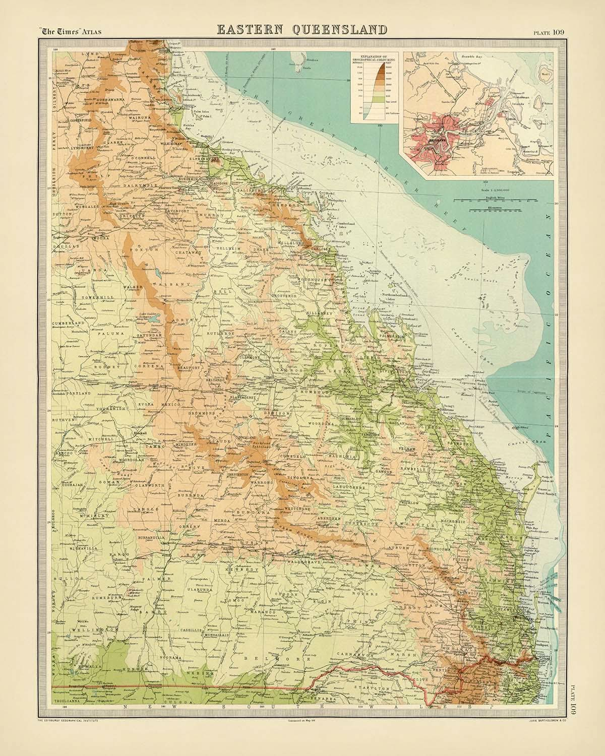 Alte Karte von Ost-Queensland von Bartholomew, 1922: Brisbane, Cairns, Relief, Schifffahrtsrouten, Einschub