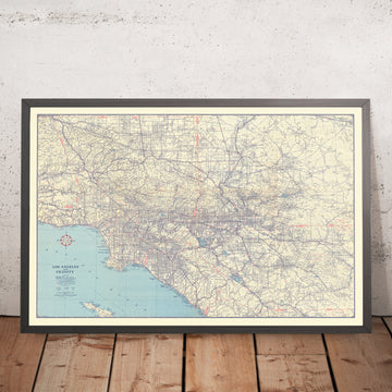 Gran mapa antiguo de carreteras de Los Ángeles, 1945: Automobile Club of Southern California, Hollywood, Beverly Hills, Ruta 66 