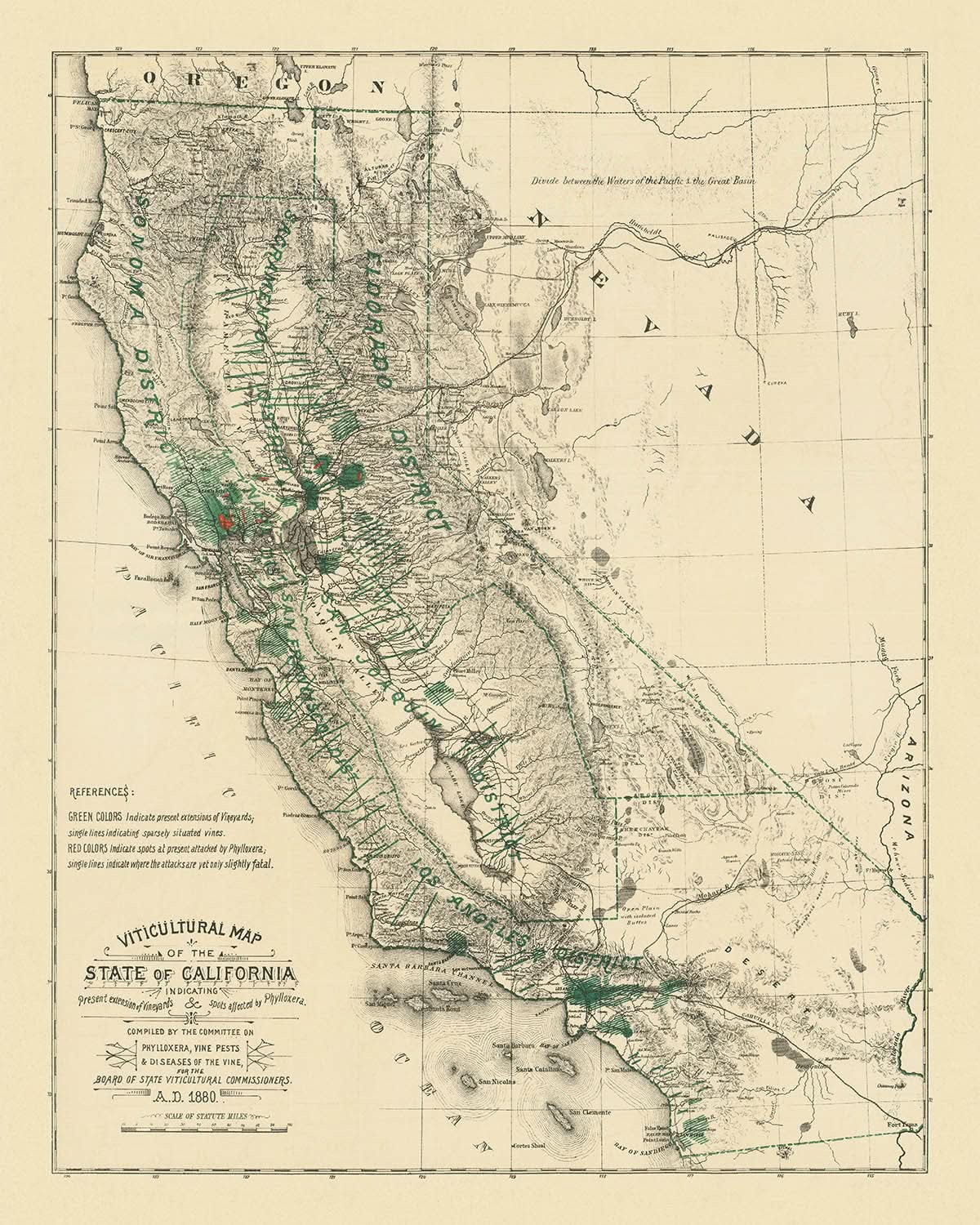 Mapa antiguo de California, 1880: San Francisco, Los Ángeles, Sonoma, viñedos, filoxera