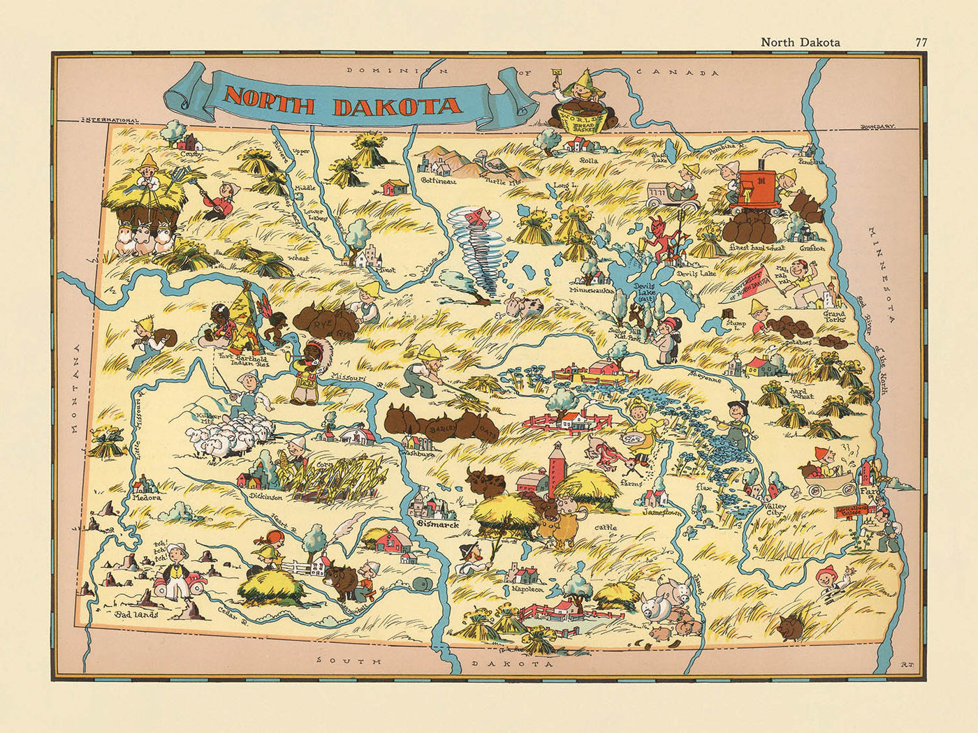 Pictorial Map of North Dakota by Ruth Taylor White, 1935: Fargo, Bismarck, Missouri River, Wheat Fields, Bison