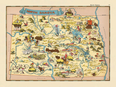 Pictorial Map of North Dakota by Ruth Taylor White, 1935: Fargo, Bismarck, Missouri River, Wheat Fields, Bison