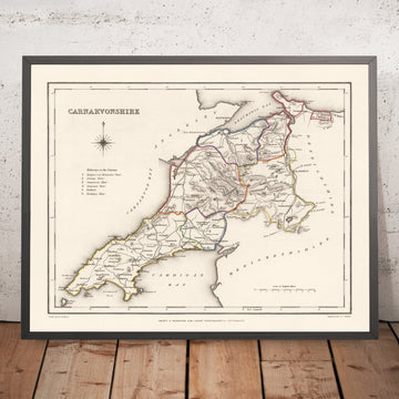 Carte ancienne du Carnarvonshire, pays de Galles, par Lewis, 1844 : Bangor, Caernarfon, Conwy, Snowdon, pont suspendu de Menai 