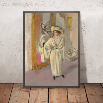 Ein gerahmtes Bild von Femme en blanc debout devant une glace (Frau in Weiß, stehend vor einem Spiegel) von Henri Matisse, 1918