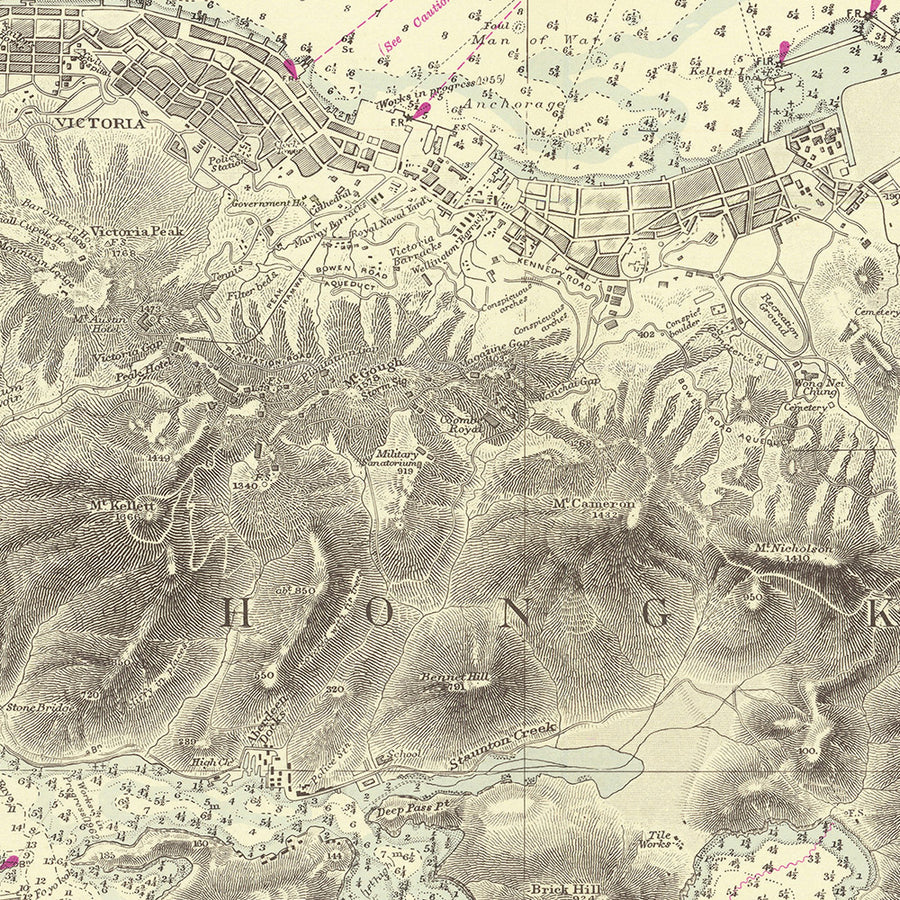 Antigua carta náutica de Hong Kong por Belcher, 1953: Puerto de Victoria, Península de Kowloon 