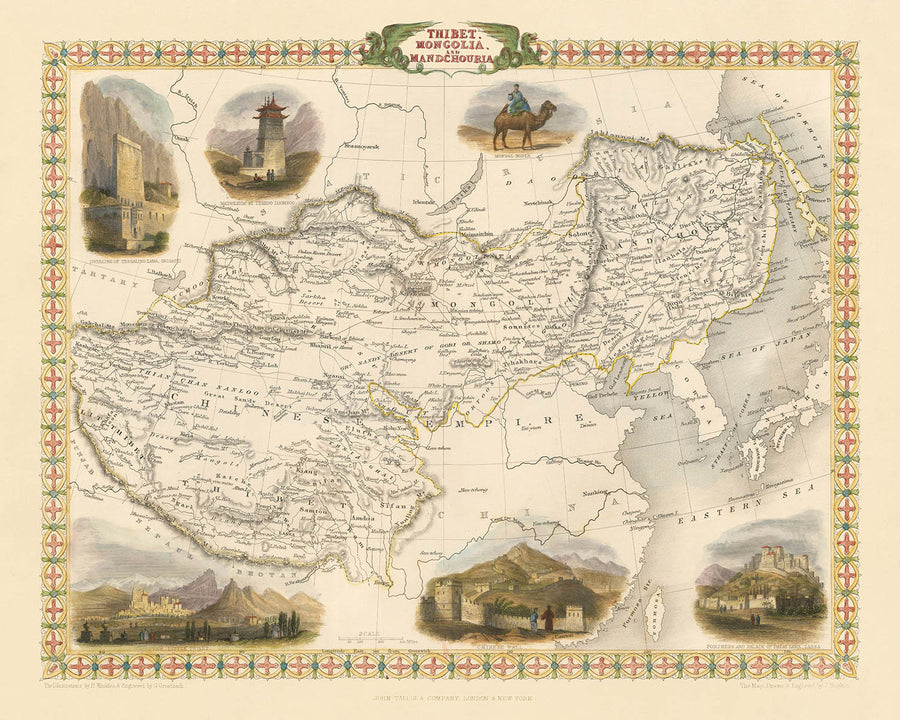 Ancienne carte du Tibet, de la Mongolie et de la Mandchourie par Tallis, 1851 : Lhassa, Pékin, Grande Muraille, Himalaya, Dalaï Lama 