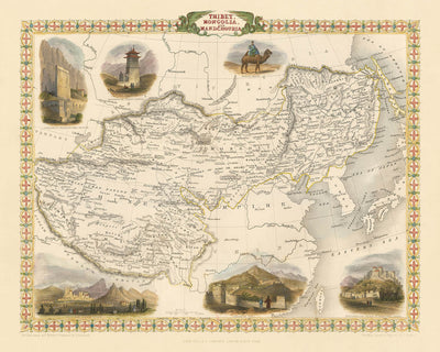 Old Map of Tibet, Mongolia & Manchuria by Tallis, 1851: Lhasa, Beijing, Great Wall, Himalayas, Dalai Lama