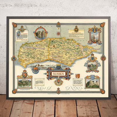 Antiguo mapa ilustrado de Sussex realizado por Clegg, 1945: Brighton, Hastings, Armada del Día D, castillos, vistas panorámicas.