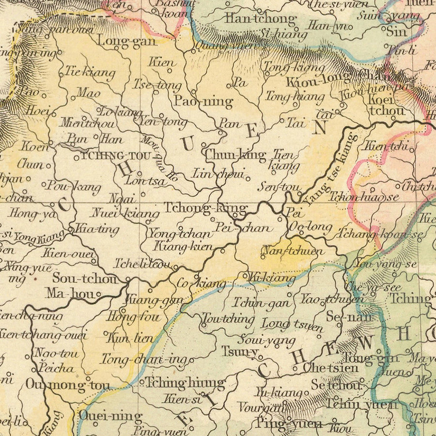 Vieille carte de la Chine et de la Birmanie par Tallis, 1851 : Taïwan, Myanmar, Hong Kong, Grande Muraille, Canton, Yangtsé, Lhassa 