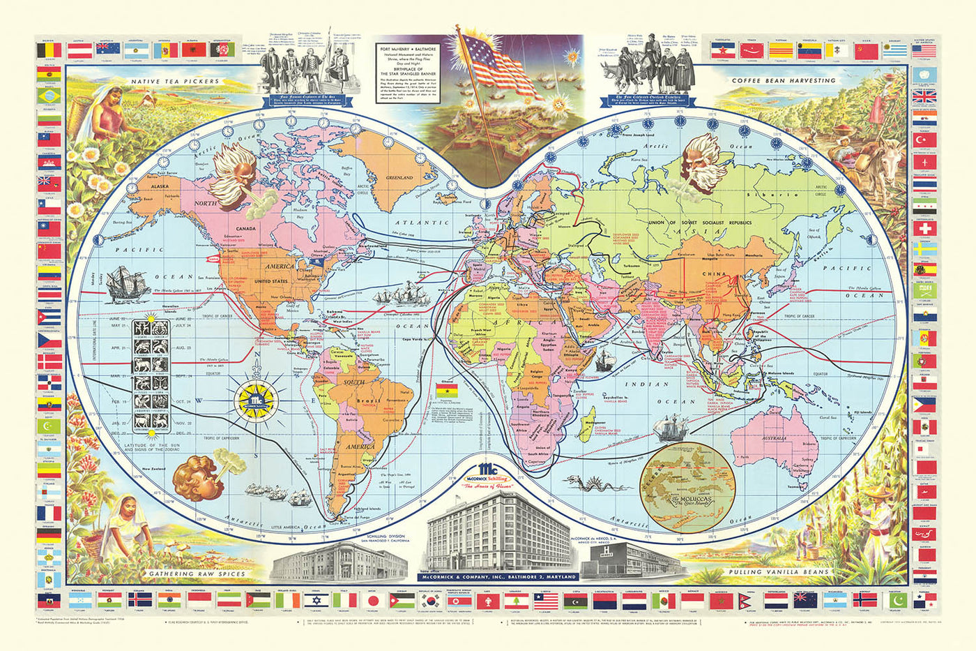 Old World Map of Coffee, Tea, & Spices McCormick, 1957: Spice Trade, Explorers, Mid-Century Design