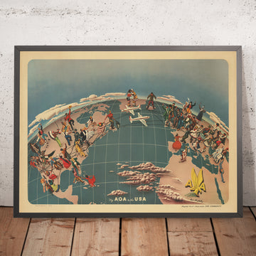 Mappa del mondo delle vecchie American Overseas Airlines, 1947: Unità culturale, ottimismo del dopoguerra, vista dall&