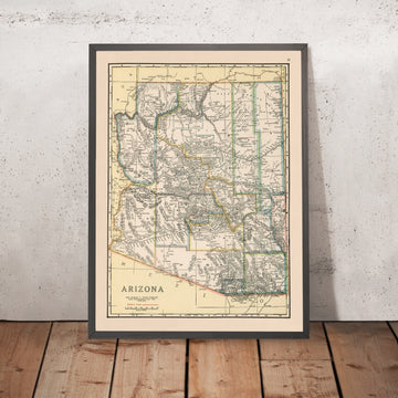 Carte ancienne des pistes automobiles de l’Arizona, 1920 : Phoenix, Tucson, parc national du Grand Canyon, fleuve Colorado, Mogollon Rim 