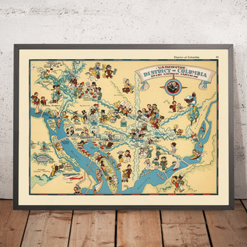 Mappa pittorica di Washington D.C. di Ruth Taylor White, 1935: Campidoglio, Casa Bianca, Memoriale di Lincoln, Monumento a Washington, Fiume Potomac 