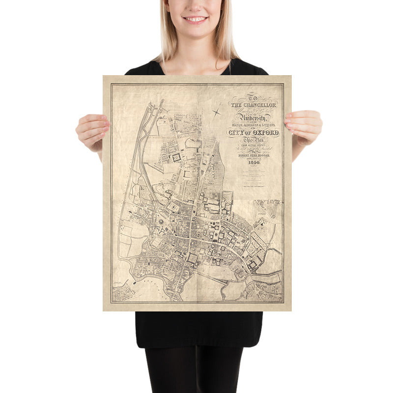 Large Old Map of Oxford by Hoggar, 1850: Colleges, St. Giles', High St, Magdalen St, River Thames