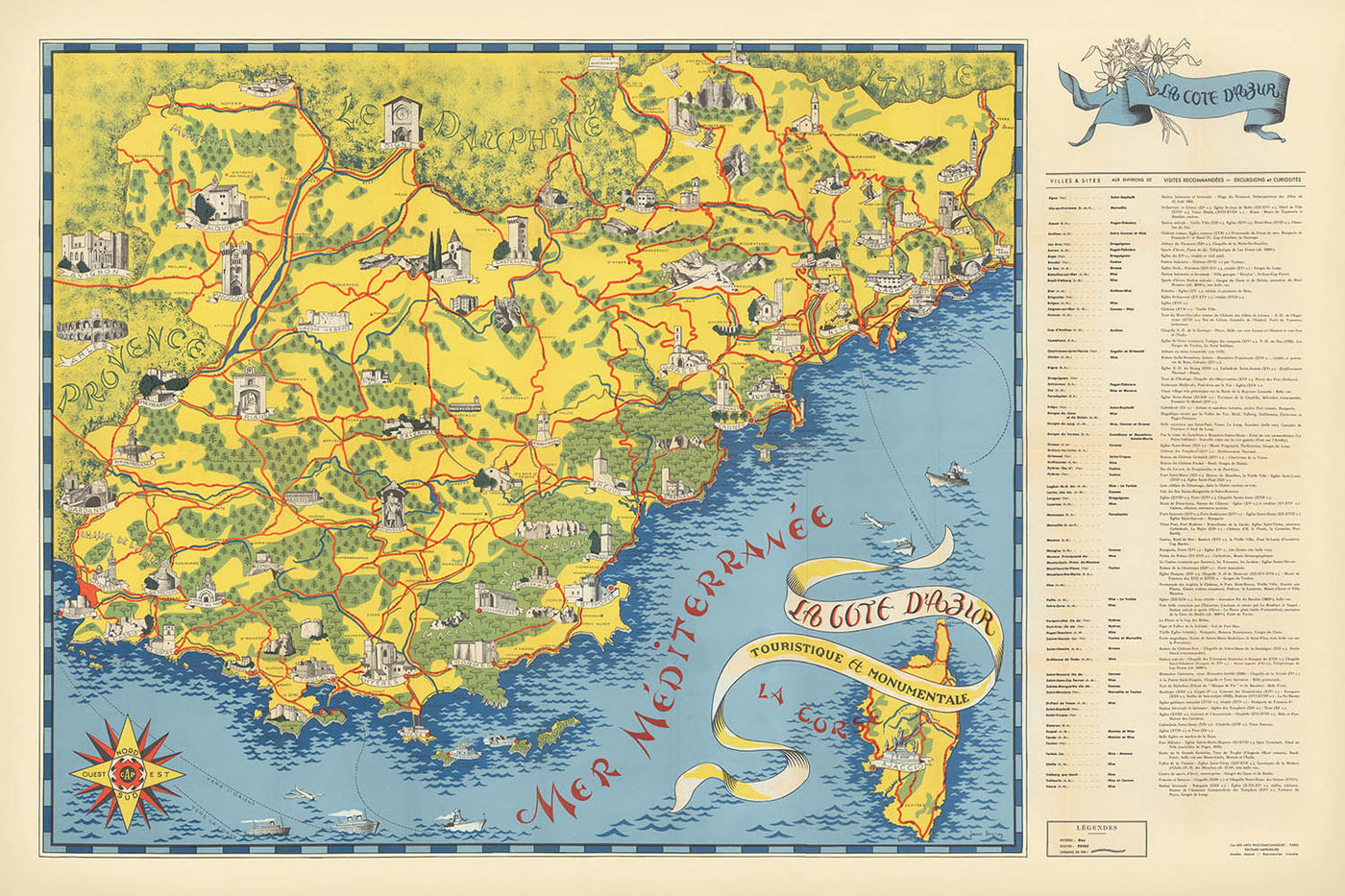 Old Map of Côte d’Azur (French Riviera) by Flornoy Jean, 1950: Nice, Cannes, Monaco, Antibes, Saint-Tropez