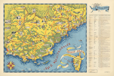 Old Map of Côte d’Azur (French Riviera) by Flornoy Jean, 1950: Nice, Cannes, Monaco, Antibes, Saint-Tropez