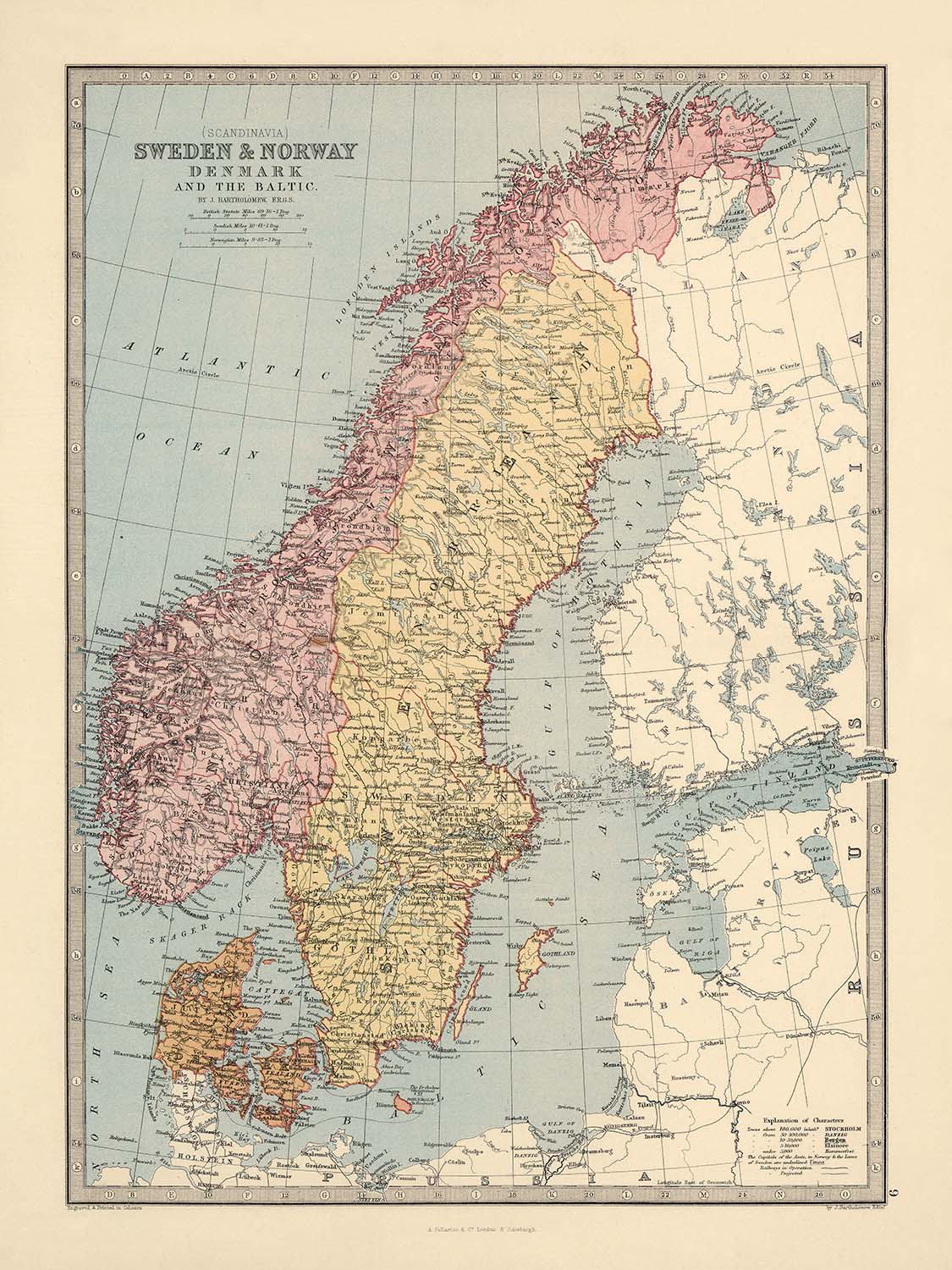 Old Map of Scandinavia by Bartholomew, 1871: Stockholm, Copenhagen, Oslo, Baltic Sea, Scandes