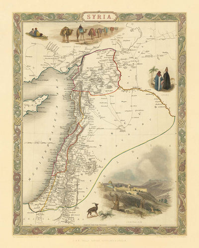 Old Map of Syria & Cyprus by John Tallis, 1851: Palestine, Lebanon, Damascus, Jerusalem, Beirut, Nicosia