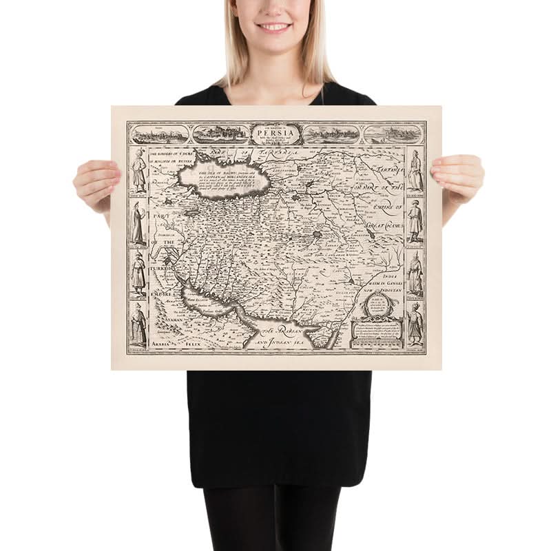 Vecchia mappa monocromatica della Persia di Speed, 1676: Iran, Isfahan, Mare Caspio, Golfo Persico, Shiraz, Tabriz 