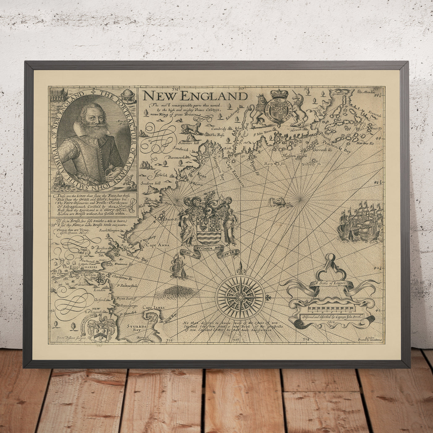 First Map of New England by John Smith, 1616: Boston, Plymouth, Cape Ann, Ornate Baroque Design