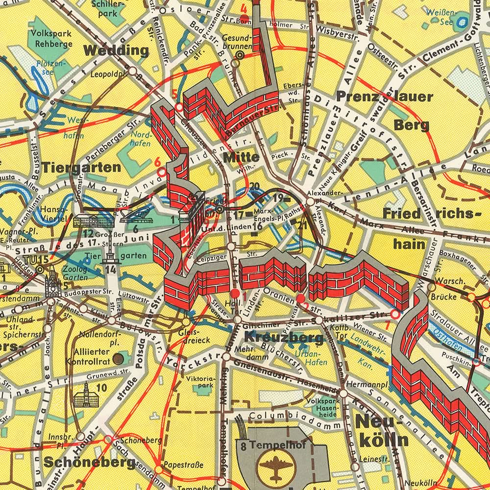 Alte Karte von Berlin, 1963: Berliner Mauer, Brandenburger Tor, Tiergarten, Kreuzberg, Kurfürstendamm