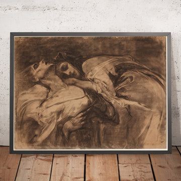 A framed image of The Embrace by Alphonse Mucha, 1860