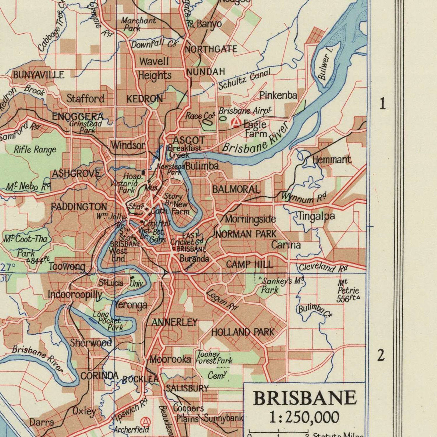 Ancienne carte du Queensland par Bartholomew, 1958 : Brisbane, Grande Barrière de corail, Cap York, Parc national de Carnarvon, Détroit de Torres