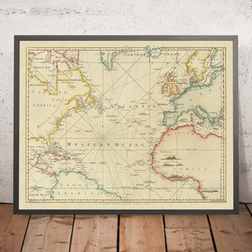 Carta náutica antigua del océano Atlántico de Sayer, 1775: Mercator, Corriente del Golfo, comercio triangular 
