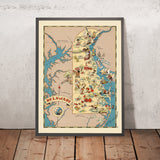 Mapa pictórico de Delaware de Ruth Taylor White, 1935: Wilmington, Dover, Delaware Bay, playas, First State 