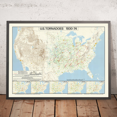 Old Map of US Tornado Activity 1930-1974 by Fujita & Pearson: Paths, Death Statistics, Tornado Alley