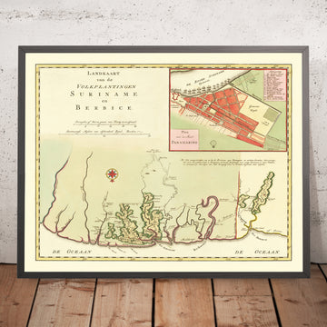 Carte coloniale rare du Suriname et de Berbice par Tirion, 1760 : Inset de Paramaribo, plantations, rivières, villages indigènes, frontières coloniales 