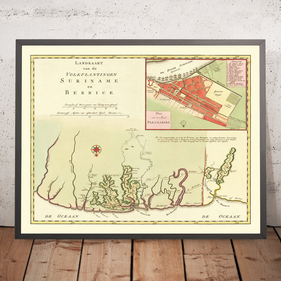 Rara mappa coloniale del Suriname e Berbice di Tirion, 1760: Insetto di Paramaribo, piantagioni, fiumi, villaggi indigeni, confini coloniali 